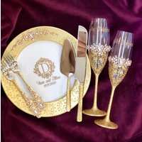 Gold Hochzeit Flöten Kuchen Server Messer Platte Für Hochzeitstorte Und Zwei Gabeln Personalisierte Hochzeitsgläser Geschenk von WarmhomeGifts
