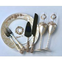 Gold Weiß Hochzeit Flöten Kuchen Server Messer Platte Für Hochzeitstorte Und Zwei Gabeln Personalisierte Hochzeitsgläser von WarmhomeGifts