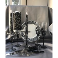 Halloween Schwarz Hochzeit Set Von 13 Schwarze Hochzeitsgläser Kuchen Server Messer Platte Einheit Kerze Halter von WarmhomeGifts