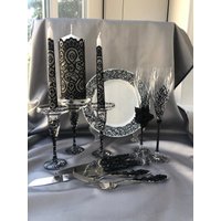 Halloween Schwarz Hochzeit Set Von 13 Schwarze Hochzeitsgläser Kuchen Server Messer Platte Einheit Kerze Halter von WarmhomeGifts