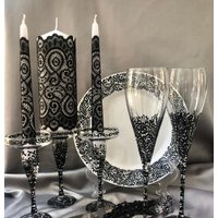 Halloween Schwarz Hochzeit Set Von 13 Schwarze Hochzeitsgläser Kuchen Server Messer Platte Einheit Kerze Halter von WarmhomeGifts