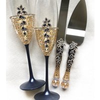 Hochzeitsgläser Mit Gravur Tortenhebermesser Marineblaue Hochzeitsflöten Marine-Goldhochzeitsgläser Jubiläums-Hochzeit von WarmhomeGifts