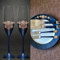 Personalisierte Gläser Navy Blue Tortenschneider Messer Gabeln Teller Für Die Hochzeit Torte Blau Flöten Set Braut Bräutigam Glas von WarmhomeGifts