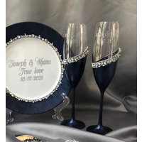 Personalisierte Gläser Schwarz Tortenschneider Und Messer Gabeln Teller Für Die Hochzeit Torte Schwarze Flöten Set Braut Bräutigam Glas von WarmhomeGifts