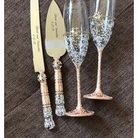 Personalisierte Hochzeit Flöten Graviert, Tortenheber Und Messer Von Hand Bemalt Hochzeits-Set 4rose Gold Gläser Server Tortenmesser von WarmhomeGifts