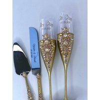 Personalisierte Hochzeit Flöten Sand Kuchen Server Messer Gold Gläser Set Champagner Braut Bräutigam von WarmhomeGifts