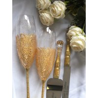 Personalisierte Hochzeit Flöten Sand Kuchen Server Messer Gold Gläser Set Champagner Braut Bräutigam von WarmhomeGifts