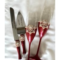 Personalisierte Hochzeit Gläser Tortenheber Messer Rot Champagner Flöten Roter Und Braut Bräutigam Geschenk von WarmhomeGifts