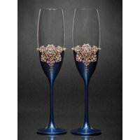 Personalisierte Marineblaue Goldgläser Hochzeitsflöten Für Braut Und Bräutigam Hochzeitssektflöten Jahrestagsflöten Gravierte Flöten von WarmhomeGifts