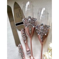 Rose Gold Hochzeit Flöten Personalisierte Gläser Blush Pink Tortenheber Messer Champagner Für Braut Und Bräutigam Kuchen Schneide Set von WarmhomeGifts