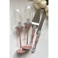 Rose Gold Hochzeit Flöten Personalisierte Gläser Blush Rosa Tortenheber Messer Champagner Für Braut Und Bräutigam Kuchen Schneiden Set von WarmhomeGifts