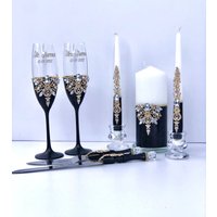 Schwarze Hochzeitsgläser Schwarzes Tortenmesser Einheitskerze Set Hochzeit Halloween Gläser Gothic Kerzen von WarmhomeGifts