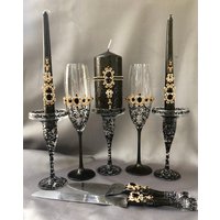 Schwarze Hochzeitsgläser Und Kuchen Server Messer Gothic Kerze Set Schwarze Halter Halloween Hochzeit Gläser Gothic Hochzeitsglas von WarmhomeGifts