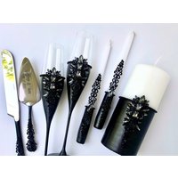 Schwarze Sektflöten Tortenhalter Und Messer Schwarze Einheit Kerze Set Halloween Kerzen Gläser Hochzeit Flöten Schwarz von WarmhomeGifts