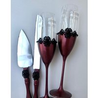 Schwarze Weinrote Hochzeitsgläser Schwarz Weinrot Tortenmesser Rot Hochzeit Gläser Gothic Halloween von WarmhomeGifts