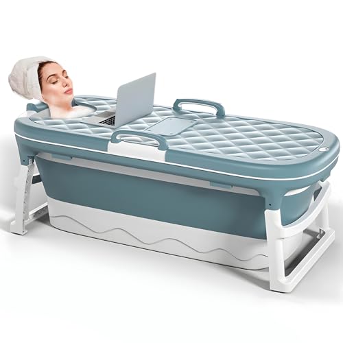 Warmiehomy Tragbare Faltbare Badewanne Erwachsene,138x62x52cm GroßE Klappbare Badewanne,Dicke Freistehende Badewannen,Massage-Schweiß-Dampfbadewanne mit Deckel,Heim-Sauna-Badewanne für Erwachsene,Blau von Warmiehomy
