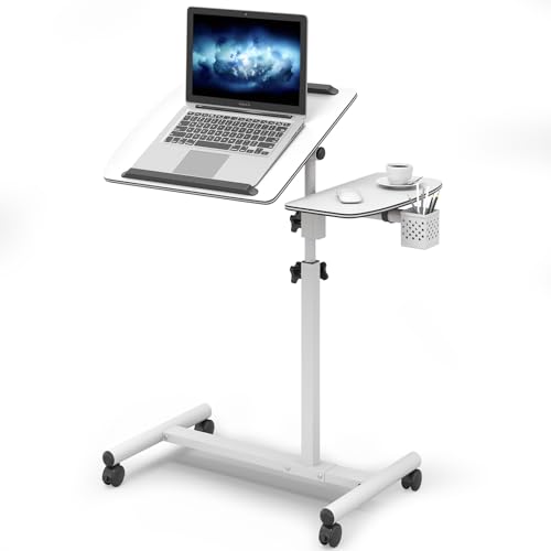 Warmiehomy Höhenverstellbarer Schreibtisch Laptoptisch mit Rollen Computertische mit Maustablett Mobiler Beistelltisch mit Stifthalter Klappbarer PC Tisch Study Table für Home Office,Bett,Sofa Weiß von Warmiehomy