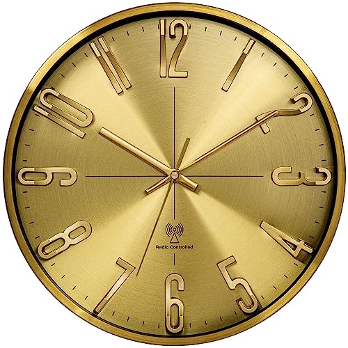 Warminn Funkuhr Wanduhr Ohne TickgeräUsche Lautlos 30cm Quarz Batterie Betriebene Groß Wanduhr Einfach zu Lesen für Zimmer Zuhause KüChe Schlafzimmer Büro Schule (Gold) von Warminn