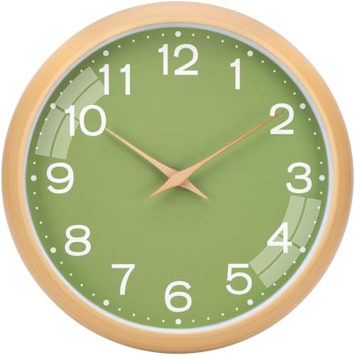 Warminn Küchenuhr Wanduhr Ohne TickgeräUsche Modern 30cm Quarz Groß Batterie Betriebene Einfach zu Lesen für Zimmer Zuhause KüChe Schlafzimmer Büro Schule (Grüner + Heller Rahmen aus Holzimitat) von Warminn