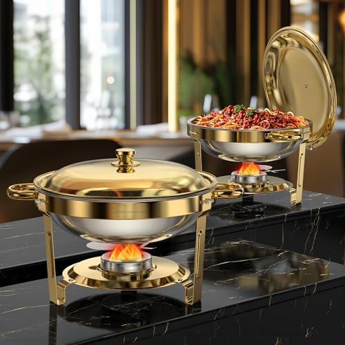 WARMOUNTS 5QT Gold Chafing Dishes for Buffet, Round Chafers and Buffet Warmers Sets with Lid Holder, Food-Grade Stainless Steel, Rolled Rim Design, for Catering Events, Parties, Weddings (2 Pack) von Warmounts