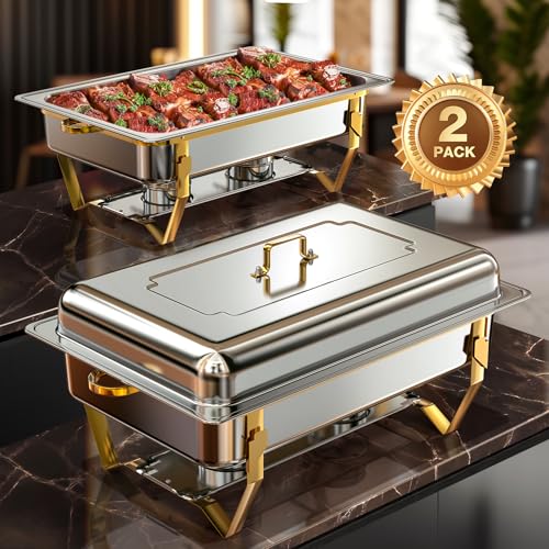WARMOUNTS 9QT Gold Chafing Dishes für Buffet (2 Stück), hochwertiger Edelstahl Chafers für Catering mit gerolltem Rand, faltbarer Rahmen, für Party, Bankett (volle Größe) von Warmounts