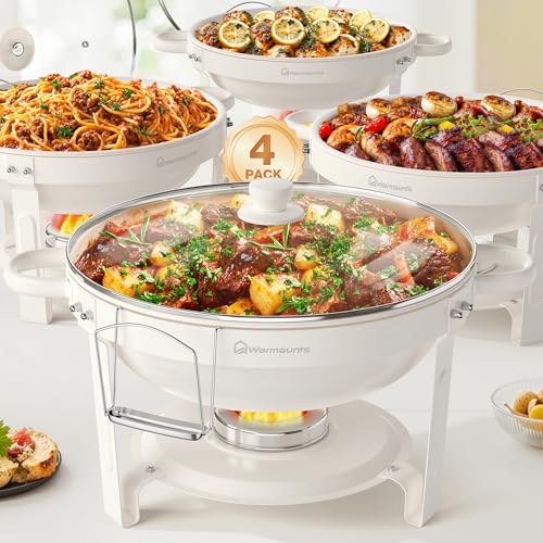 WARMOUNTS Runde Chafing Dishes für Buffet mit Glasdeckel (5QT, 4er-Pack), Maifanit-beschichtet, lebensmittelechter Edelstahl, gerollter Rand, Deckelhalter, Chafer und Buffetwärmer, Set für Partys von Warmounts