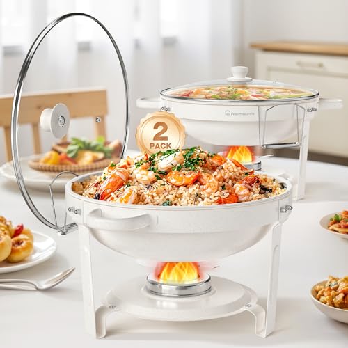 WARMOUNTS Weiße Chafing Dishes für Buffet mit Glasdeckel (5QT, 2 Stück) – Maifanit-beschichtet, lebensmittelechter Edelstahl, gerollter Rand, stapelbar, runde Buffet-Servierer und Wärmer für Partys von Warmounts