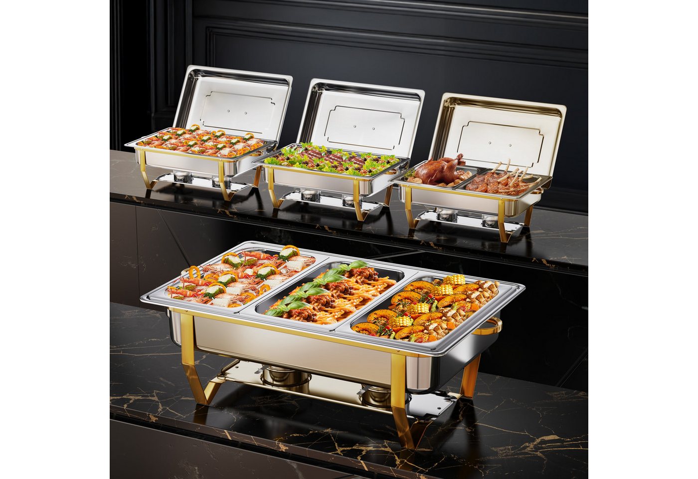 Warmounts Speisenwärmer 8QT, (4-tlg., Edelstahl), Chafing Dish, 2x GN Vollformat + 1x GN 1/2 + 1x GN 1/3 Behälter von Warmounts