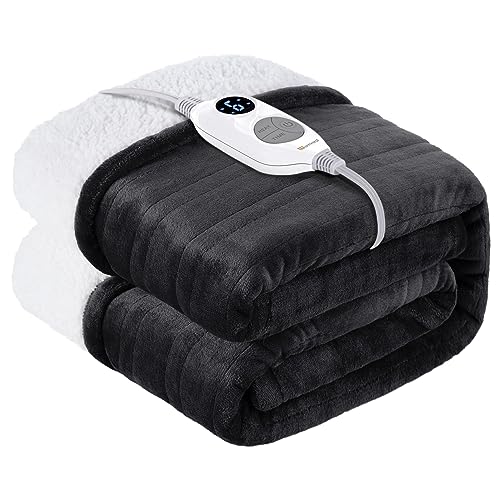 Warmrest Heizdecke mit Abschaltautomatik 130 x 160 cm, 6 Temperaturstufen & 1~10 Stunden Auto-Off-Timer Überhitzungsschutz, Flanell Sherpa Elektrische Wärmedecke Heizdecke, Maschinenwaschbar Grau von Warmrest