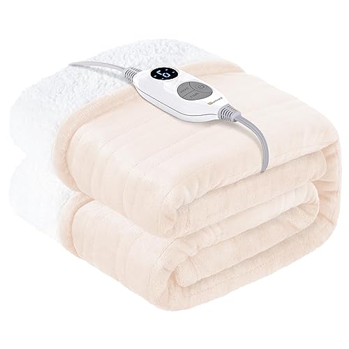 Warmrest Heizdecke mit Abschaltautomatik 𝟏𝟑𝟎 𝐱 𝟏𝟖𝟎 𝐜𝐦, 6 Temperaturstufen & 1~10 Stunden Auto-Off-Timer Überhitzungsschutz, Flanell Sherpa Elektrische Wärmedecke fürs Bett, Waschbar Beige von Warmrest