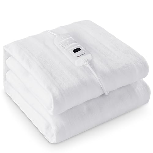 Warmrest Wärmeunterbett 𝟏𝟓𝟎 𝐱 𝟖𝟎𝐜𝐦 mit Abschaltautomatik, 3 Temperatursstufen mit abnehmbarem Controller, Schnelle Aufheizung Überhitzungsschutz Weiches Gewebe auf Bett, Maschinenwaschbar Weiß von Warmrest