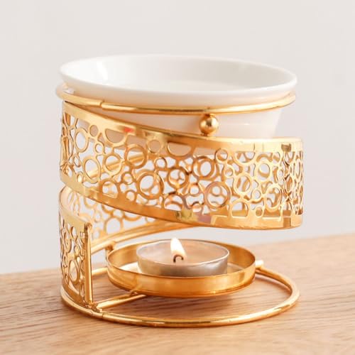 Aromalampe Teelichthalter aus Keramik und Eisen Schwarz, Duftlampe aus Keramik Wachsschmelzbrenner Drehen Golden von Warmself