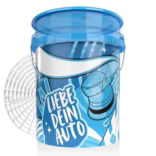 Waschhelden Auto Wascheimer Set mit Sieb und Deckel | 19l Autowascheimer Blau/Weiß mit Gitter zur Schmutzfilterung | Eimer für die Autowäsche | Auto Putzeimer von Waschhelden