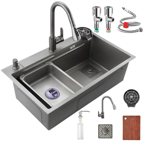 Wasd3Pods Küchenspüle, überbau-Küchenbarspüle Aus Edelstahl 304, Mit Multifunktionalem Toplader-Wasserfallhahn, Einzelbecken-Küchenspüle-Arbeitsplatz, Mehrere Zubehörteile,70cm/27.5in(201) von Wasd3Pods