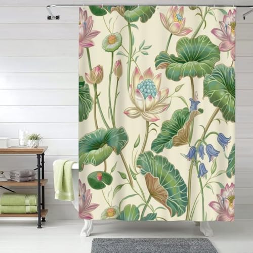 Duschvorhang 100x200cm Sommer Duschvorhänge Anti-Schimmel Duschrollo für Badewanne, Wasserdicht Duschvorhang Lotus Shower Curtains Duschvorhang Waschbar Duschvorhänge mit 12 Duschvorhangringen fa368 von Washifa