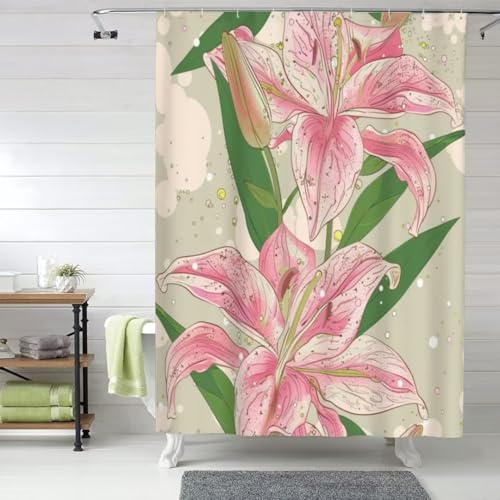 Duschvorhang 200x220cm Rosa Blume Duschvorhänge Anti-Schimmel Duschrollo für Badewanne, Wasserdicht Duschvorhang Pflanze Shower Curtains Polyester Waschbar Duschvorhang mit 12 Duschvorhangringen fa457 von Washifa