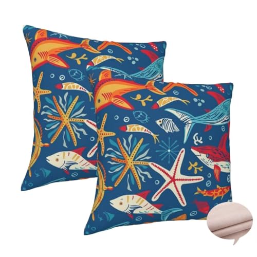 Kissenbezug 60x60 cm 2er Set Deko Kissen Fisch Kuschelkissen, Quadratisch Kissenbezug Tier Sofakissen, Leinen Cushion Cover Doppelseitig Zierkissen für Auto Couch Schlafzimme, Vier Jahreszeiten -J195 von Washifa