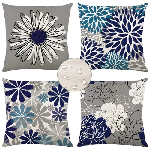 Outdoor Kissen Wetterfest Kissenbezug 40x40 cm Blumen Sofakissen, 4er Set Kissenbezüge Grau Deko Kissen Quadratische Kopfkissen Bezug Couchkissen Leinen Kissenhülle für Garten Sofa Wohnzimmer DekoY194 von Washifa