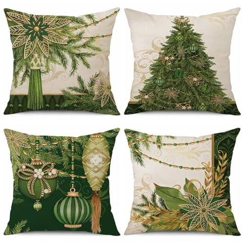 Washifa 4er Set Kissenbezug 50x50 cm Kissenhülle Weiche Zierkissen bezug Sofakissen Grüne Weihnachten Kissen Deko Wohnzimmer, Kissenbezüge mit Verstecktem Reißverschluss für Couch Schlafzimmer D213 von Washifa