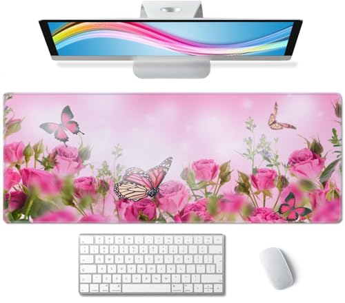 Mauspad Gaming, großes Mauspad für Schreibtisch, Tastatur-Mauspad, Schreibtischunterlage, rutschfeste Gummiunterseite mit genähten Kanten, 80 x 30 cm, Rosen und Schmetterling Mauspad Gaming, großes Mauspad für Schreibtisch, Tastatur-Mauspad, Schreibtischunterlage, rutschfeste Gummiunterseite mit genähten Kanten, 80 x 30 cm, Rosen und Schmetterling von Wasica