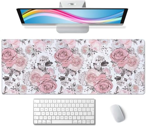 Schreibtischunterlage mit niedlichen rosa Blumen, XL, Gaming-Mauspad & Laptop, Computer, Tastaturmatte, 80 x 30 cm, niedliches Schreibtisch-Dekor-Zubehör Schreibtischunterlage mit niedlichen rosa Blumen, XL, Gaming-Mauspad & Laptop, Computer, Tastaturmatte, 80 x 30 cm, niedliches Schreibtisch-Dekor-Zubehör von Wasica