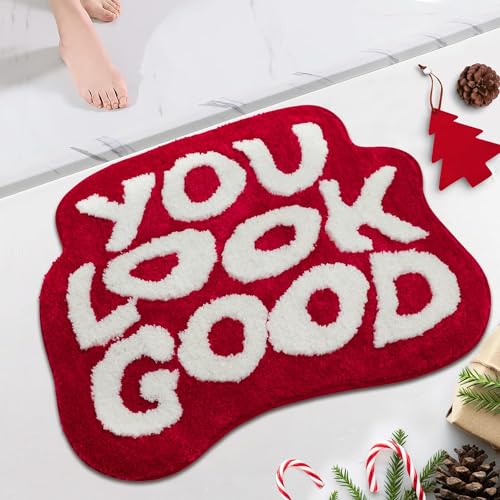 Waslary You Look Good Badematte TüRmatte Personalisiert Lustig Rug Absorbierende Badematte Waschbar Badezimmerteppich Antirutschmatte Badewanne 64x54cm, Rot von Waslary