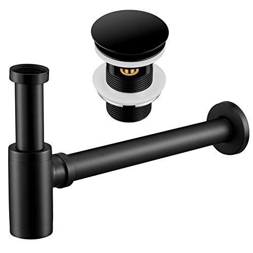 Wasserrhythm Universal Siphon mit Ablaufgarnitur für Waschbecken und Waschschalen mit Überlauf, Pop Up Ventil mit Abflussgarnitur passgenau, aus Messing, schwarz matt von Wasserrhythm
