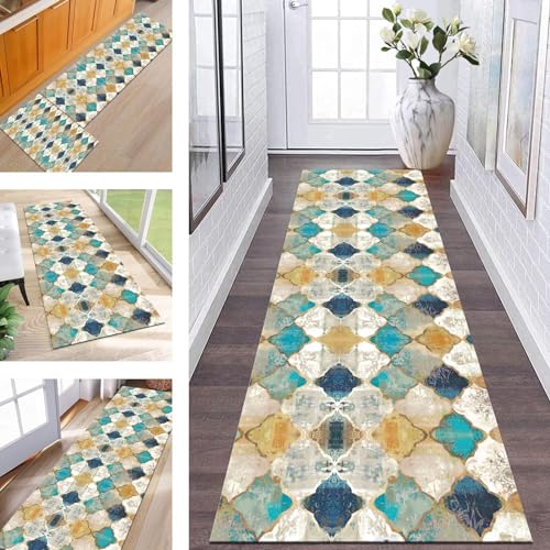 Abstrakte Läufer Flur Küche Waschbar rutschfest Korridor Teppichmatten 50X200CM Blau Braun Lang Küchenteppich Flurteppich Läufer Schlafzimmer Esszimmer Polyester Teppichläufer Meterware Anpassbar von Wassly