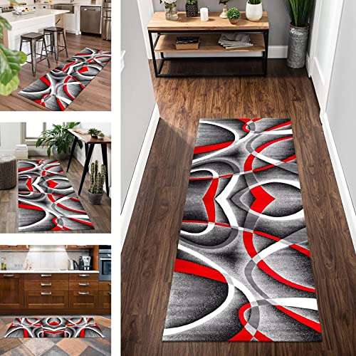 Küchenläufer Küchenteppich rutschfest waschbar Grau Rot Korridor Teppichläufer 90X350CM Vintage Teppich Läufer Lang Flur für Schlafzimmer Kinderzimmer Wohnzimmer Meterware Flurläufer Teppichmatte von Wassly