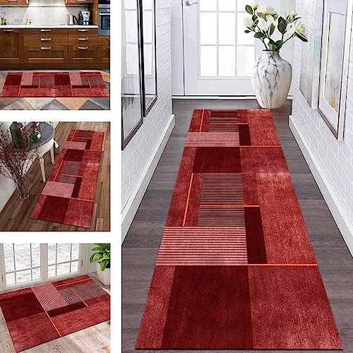 Küchenteppich Läufer Teppich Flur rutschfest Teppichmatten Küchenläufer 50X200CM Rot Orange Abstrakt Korridor Teppichläufer Waschbar Meterware Teppich Küchen Matte Wohnzimmer Schlafzimmer Esszimmer von Wassly