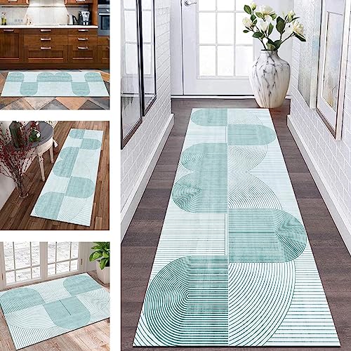Küchenteppich Läufer Teppich Flur rutschfest Teppichmatten Lang Küchenläufer 50X180CM Abstrakt Korridor Teppichläufer Waschbar Cyan Meterware Küchenmatten Teppich Wohnzimmer Schlafzimmer Esszimmer von Wassly