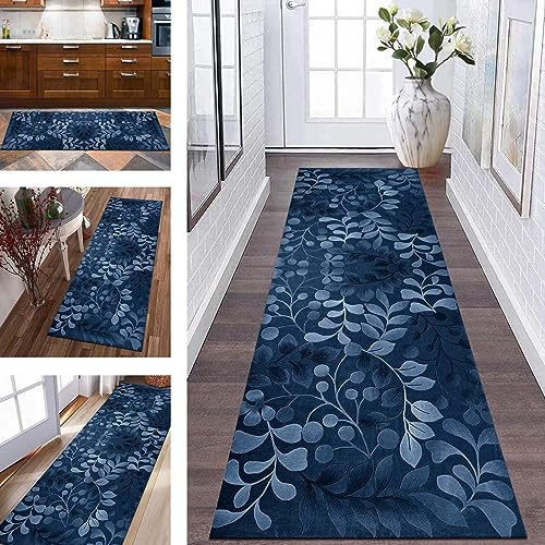 Läufer Teppich Küche Lang Flur rutschfest Küchenteppich Teppichmatten 50X450CM Küchenläufer Blau Blumen Korridor Teppichläufer Waschbar Meterware Flurläufer Wohnzimmer Schlafzimmer Breite 40-120cm von Wassly