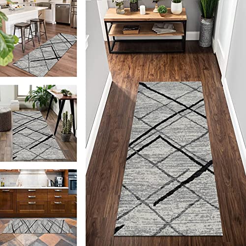 Teppich Läufer Flur Küche 90X300CM Grau Schwarz Abstrakt Korridor Teppichläufer rutschfest Waschbar Küchenläufer Flurteppich Polyester Meterware Läufer Teppich Flur Lang Schlafzimmer Wohnzimmer von Wassly