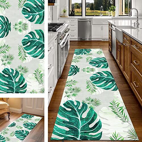 Teppich Läufer Flur Küche 90X300CM Grün Blumenmuster Korridor Teppichläufer rutschfest Waschbar Küchenläufer Flurteppich Polyester Meterware Flurläufer Lang Schlafzimmer Wohnzimmer Läufer Teppich von Wassly